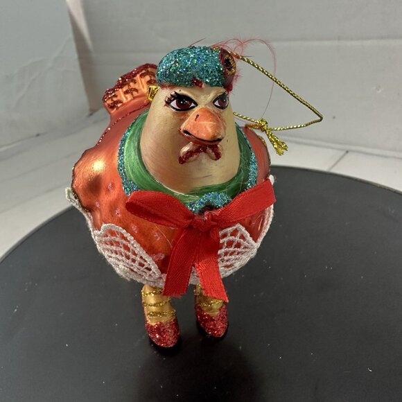 Chicken Hen Red Heels Kitschy Glass Christmas Tree Ornament 5" - Picture 2 of 16